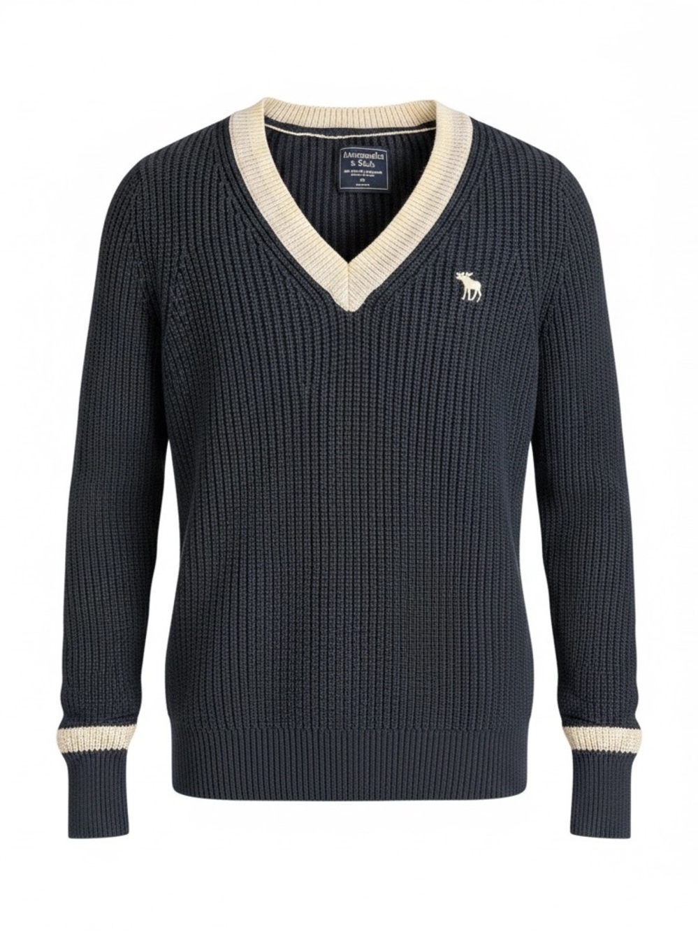 Abercrombie & Fitch Navy V-Neck Ribbed Sweater with Cream Trim